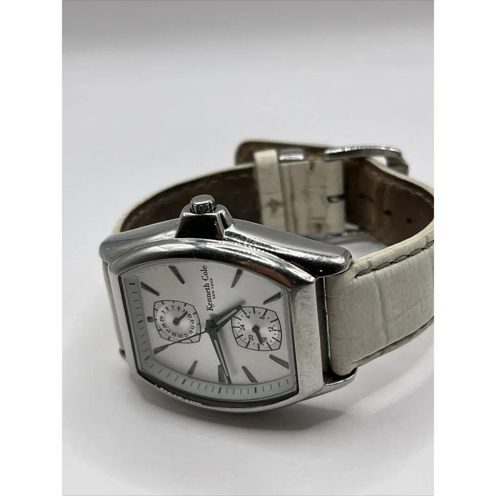 Kenneth Cole KC2317 Womens White Tonneau Multifunction Silver Dial Leather Band‎